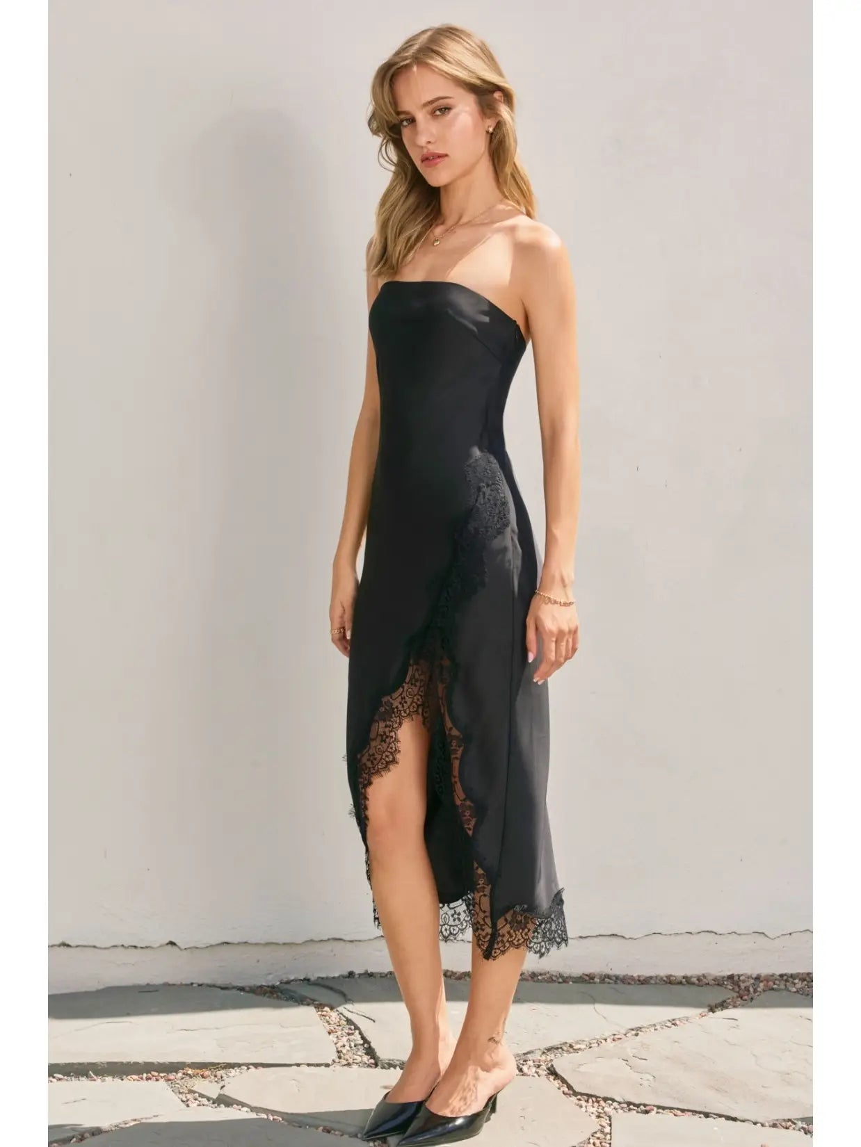 Dull Satin Strapless Lace Hem Midi Dress