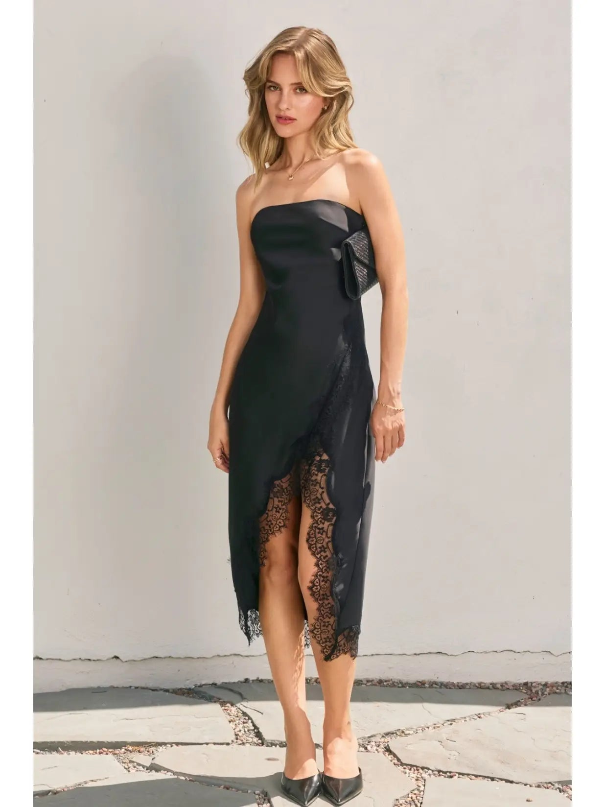 Dull Satin Strapless Lace Hem Midi Dress
