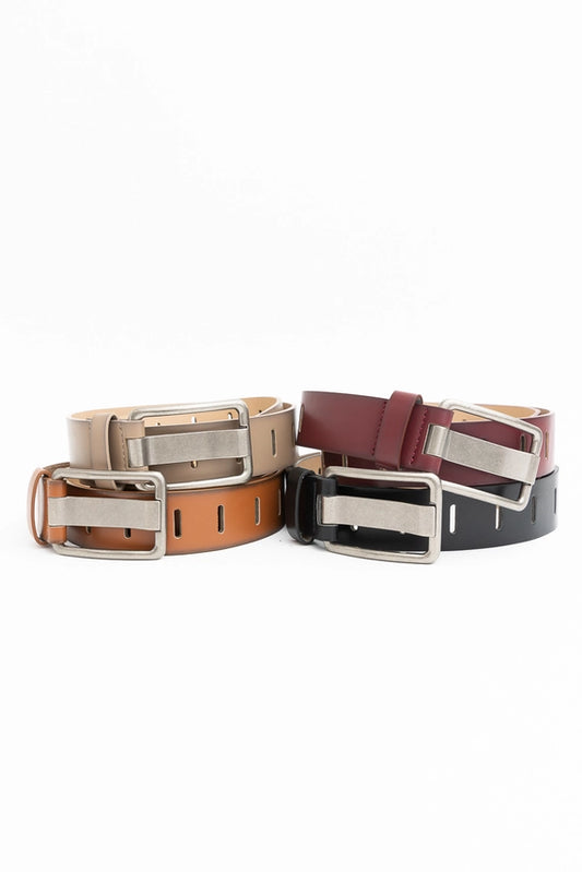 Rectangle Buckle Slit Notch Leather Belt