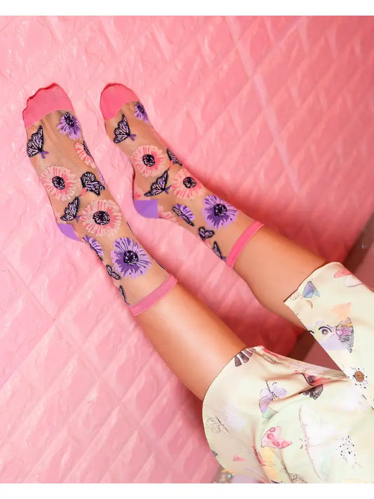 Sunflower Butterfly Sheer Crew Sock