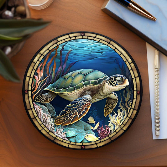 Sea Turtle Ceramic Coaster with Stained Glass Design: 3.6 Inch Glossy