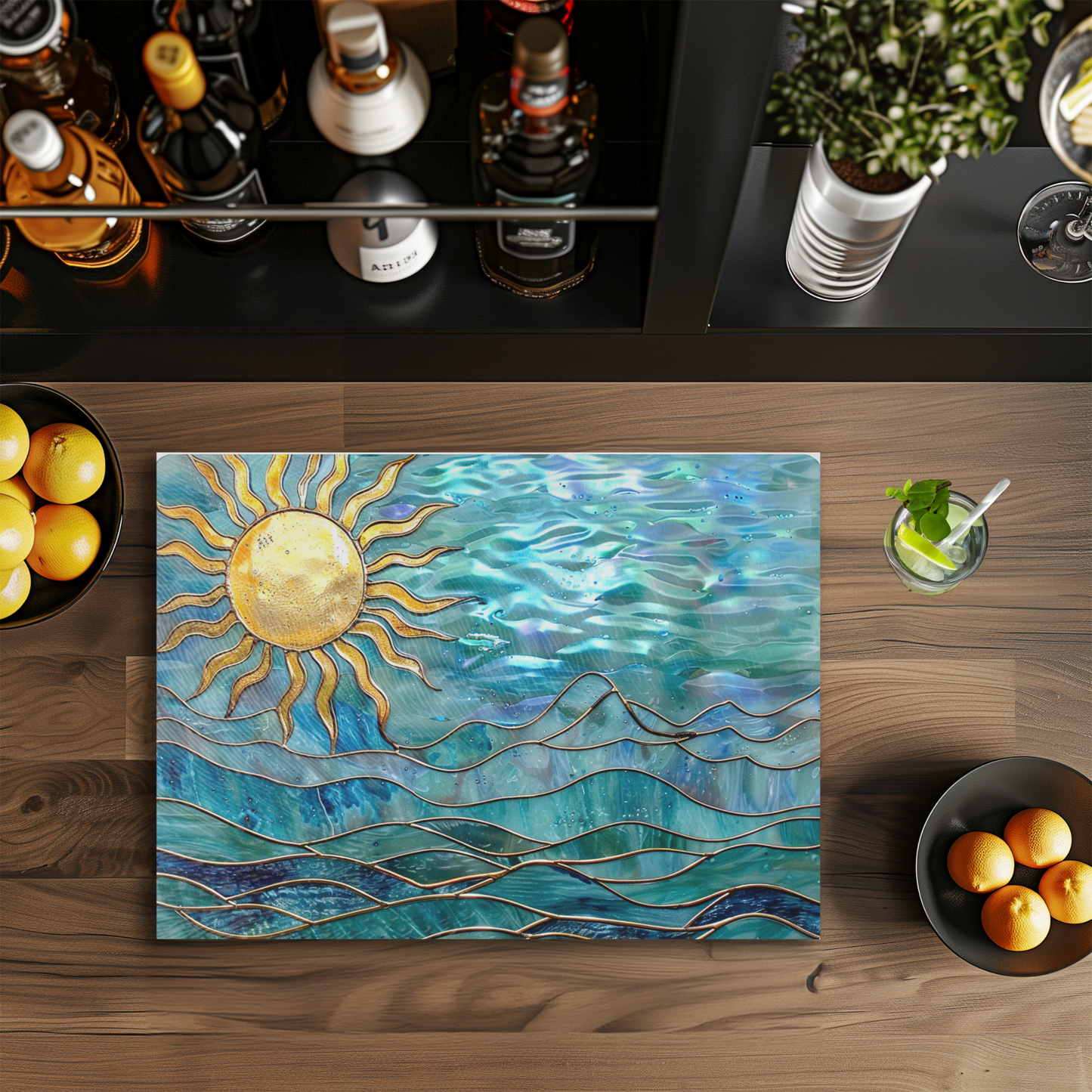 Tempered Glass Cutting Board: Ocean Sun Charcuterie Tray: 8x11 Inches