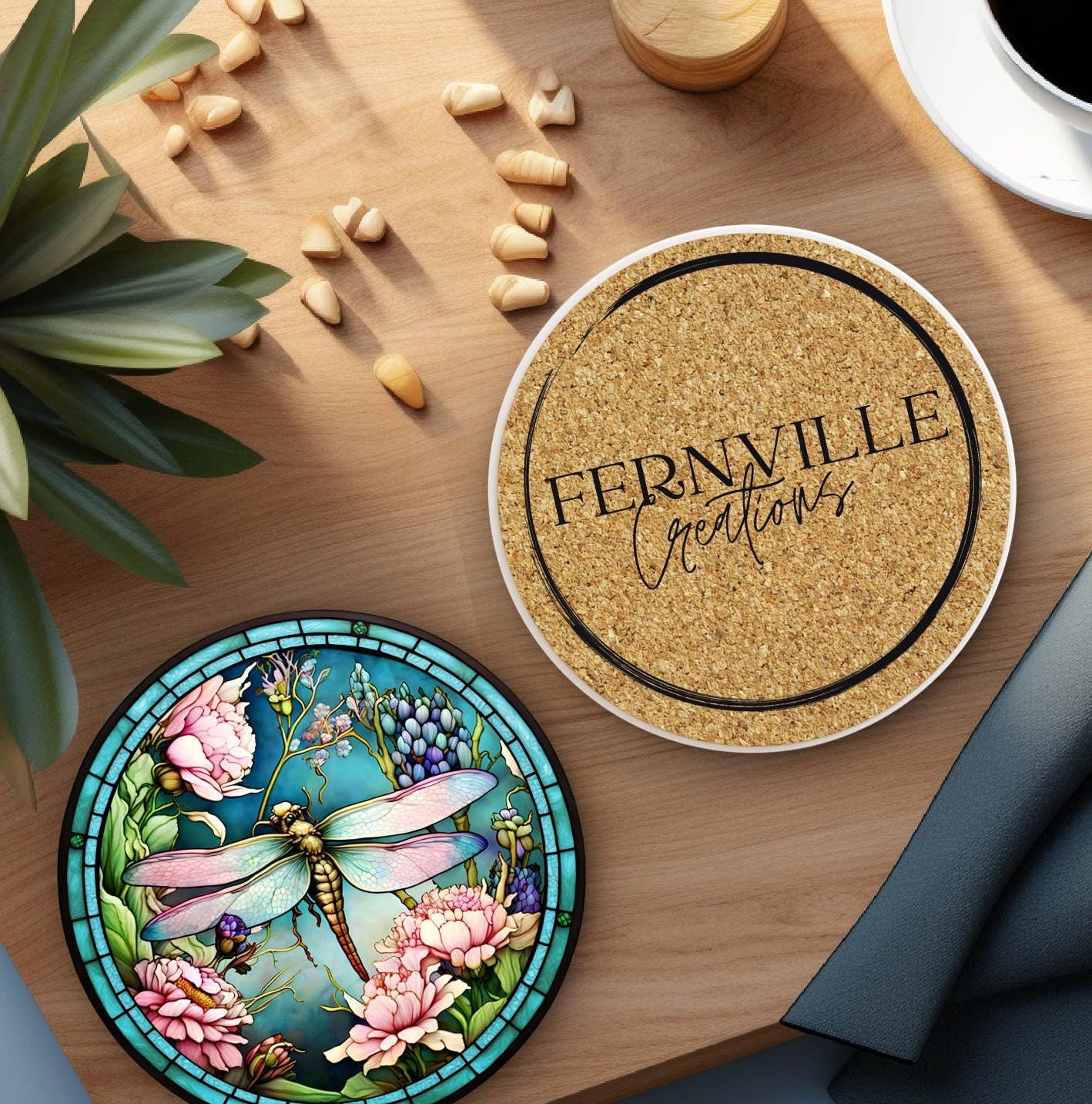 Dragonfly Coaster with Pink Flower for Coffee Table Decor: 3.6 Inch Glossy