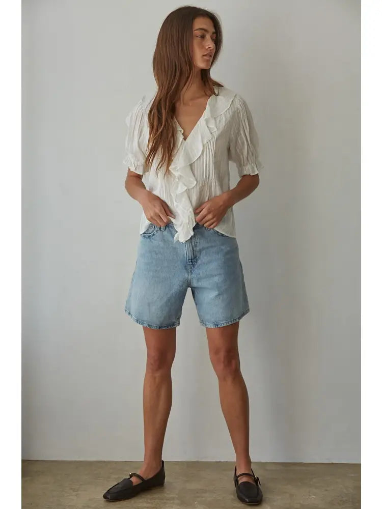 Katie Woven Cotton Button Down V-Neck Top