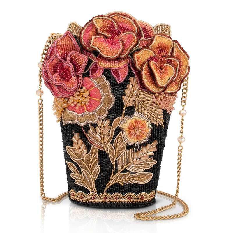 Amber Elegance Floral Bouquet Beaded Crossbody Bag