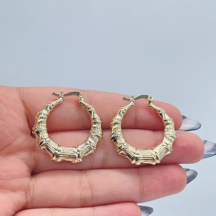 18k Gold Filled Textured Bamboo Hoop Earrings