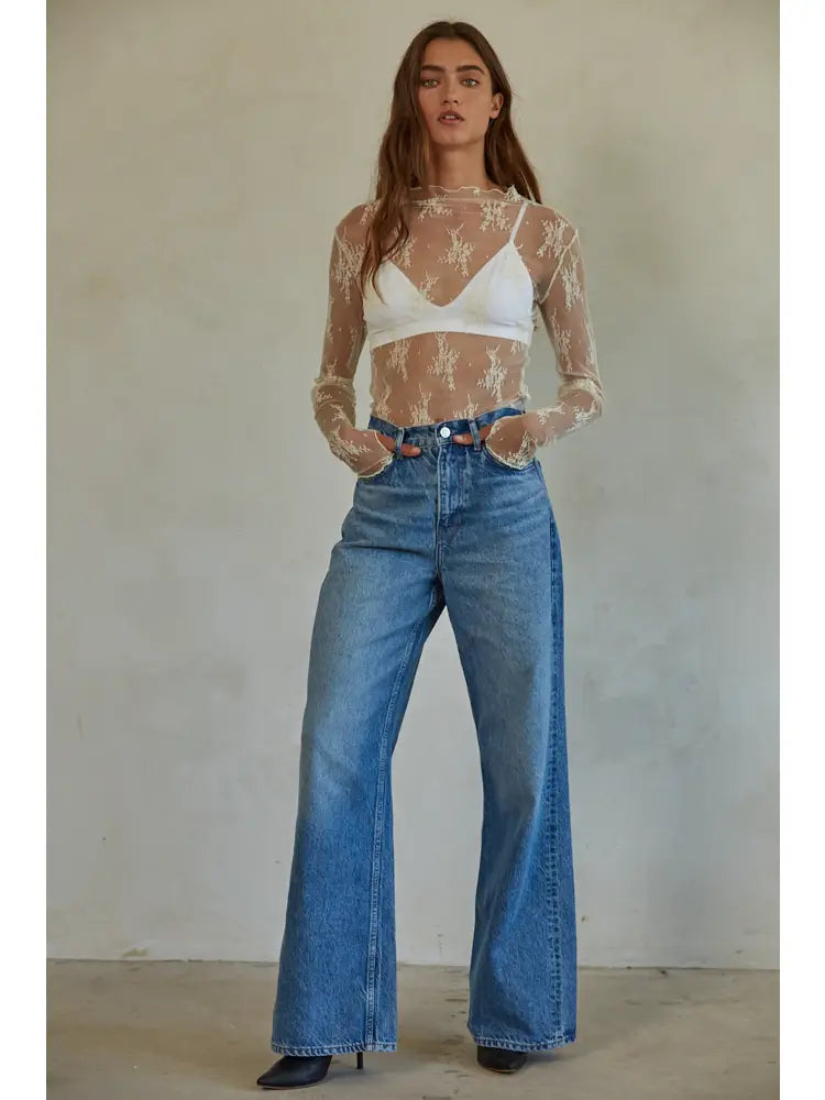 Knit Jacquard Lace Long Sleeve Mock Neck Top