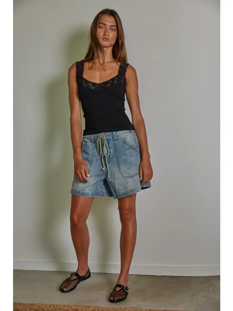 Lucy Knit Seamless Ribbed Tank Top with Lace Trim