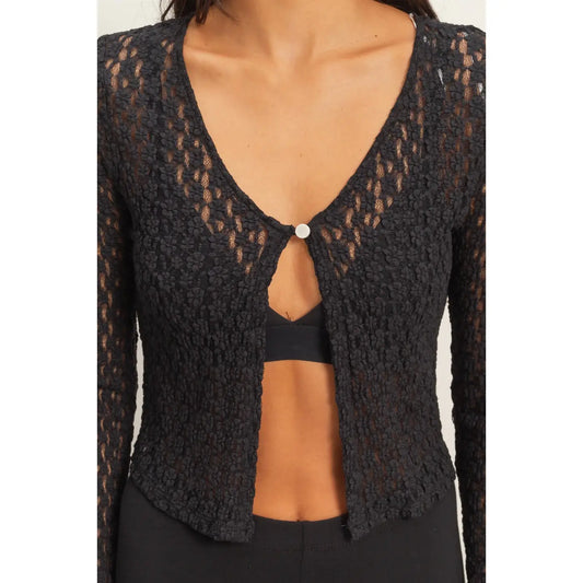 Pearl Button Sheer Lace Cardigan Top