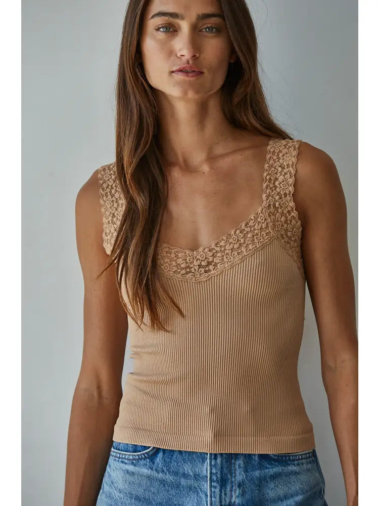 Lucy Knit Seamless Ribbed Tank Top with Lace Trim