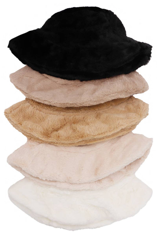 Solid Faux Fur Bucket Hat - Diamond Quilted Fabric