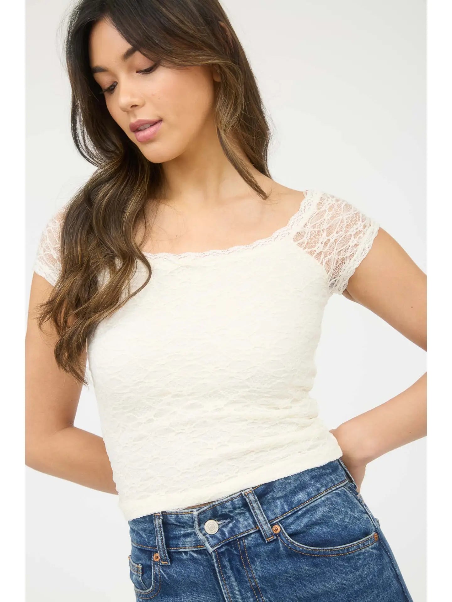 Lace Front Bow Detail Short Sleeve Knit Top