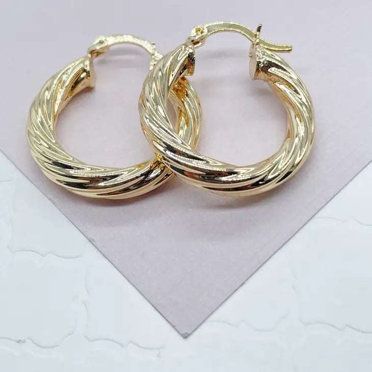 18k Gold Filled Hollow Italian Twist 5mm Thick Hoop Earrings, Gold Shiny Twisted
