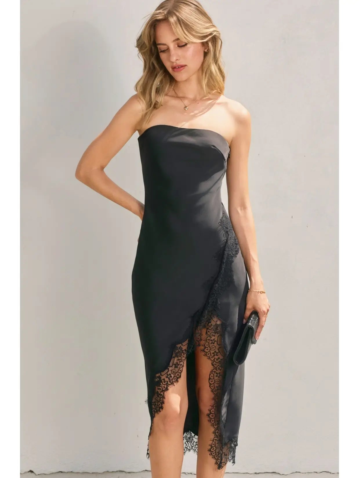 Dull Satin Strapless Lace Hem Midi Dress