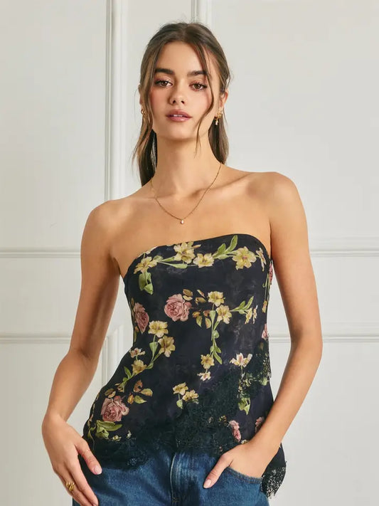 Floral Asymmetrical Lace Hem Tube Top