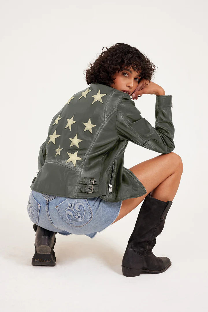 Christy RF Star Detail Leather Jacket - Olive