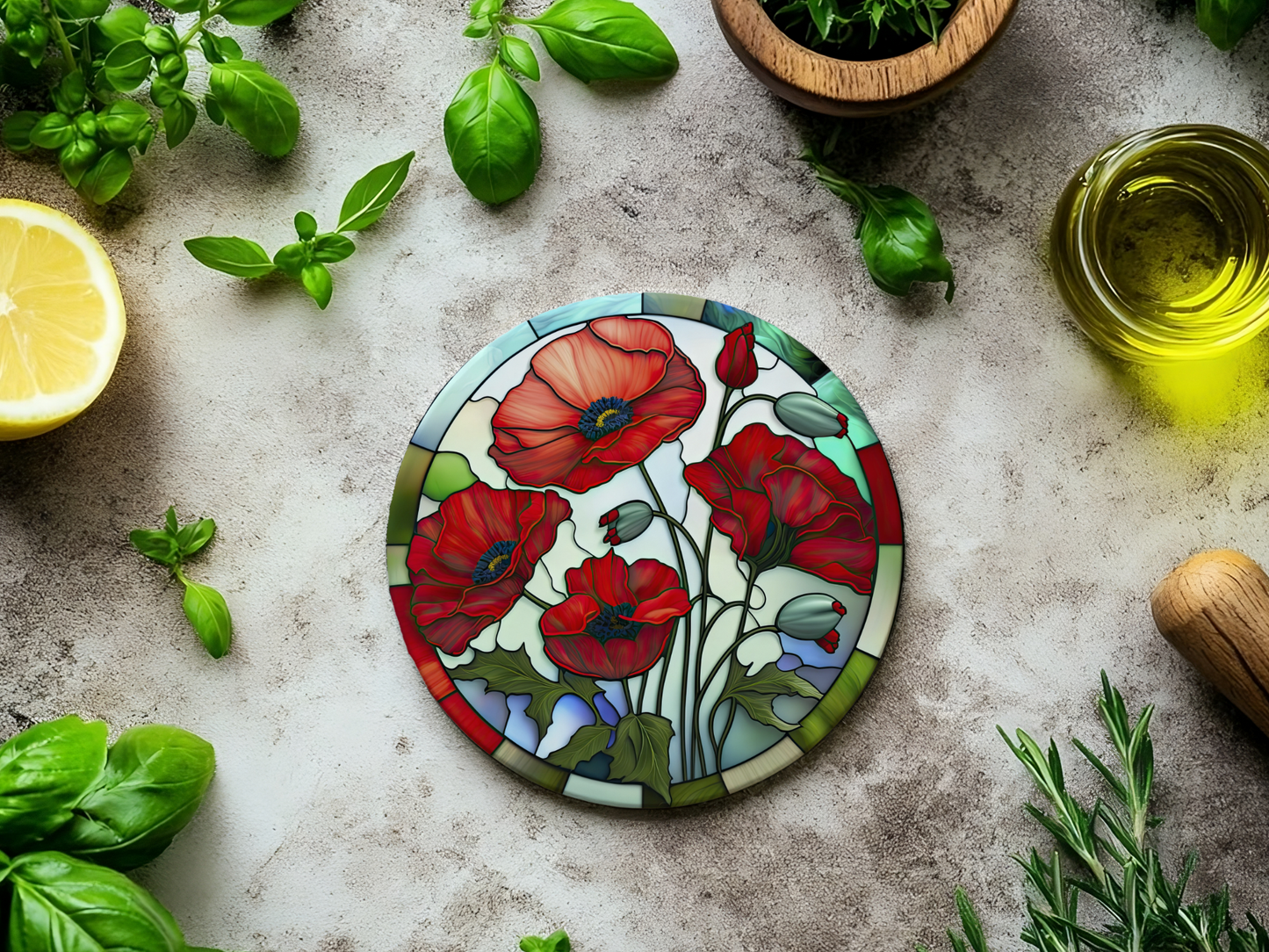 Poppy Coaster, Garden Lover Gift, Floral Nature Home Decor: 3.6 Inch Glossy