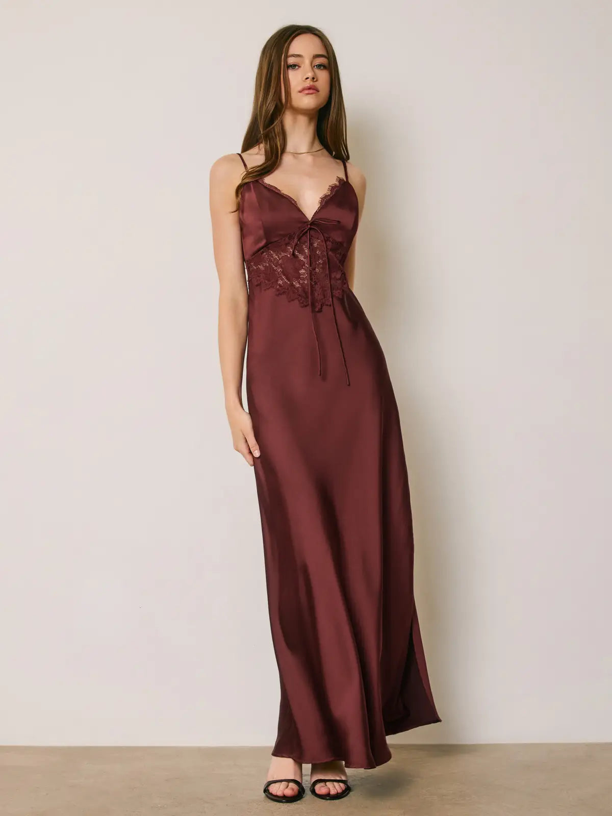 Dull Satin Lace Detail Maxi Dress
