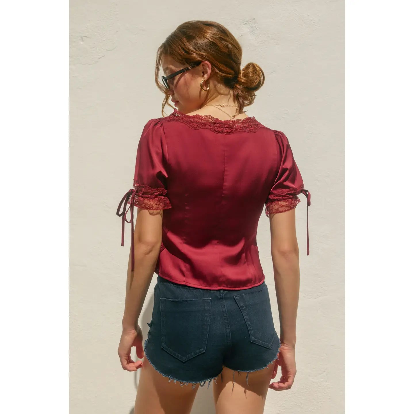 Satin Lace Button Tied Short Sleeve Blouse