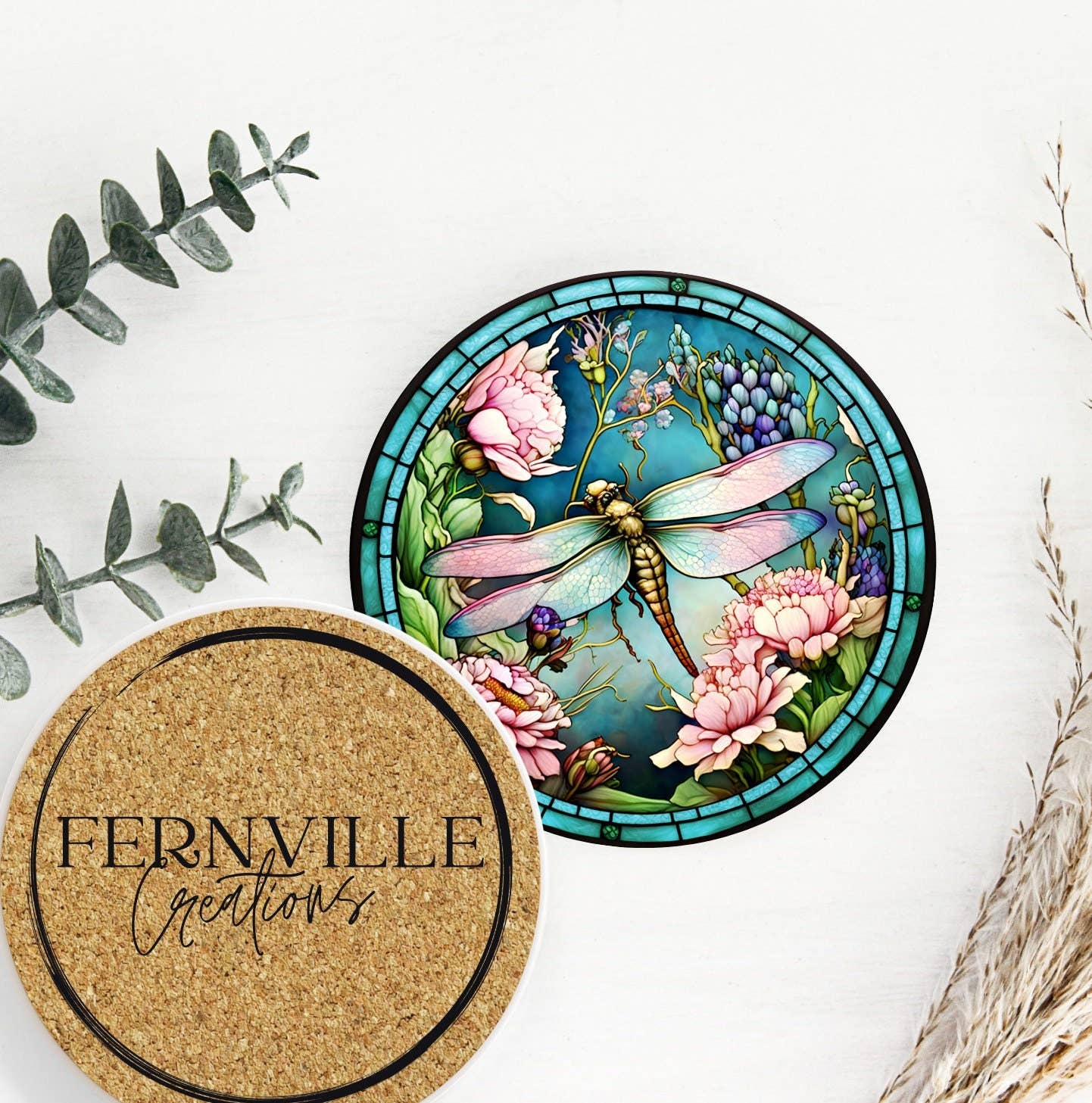 Dragonfly Coaster with Pink Flower for Coffee Table Decor: 3.6 Inch Glossy