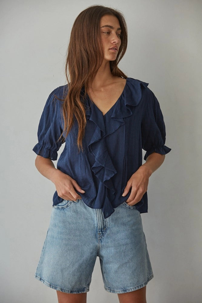 Katie Woven Cotton Button Down V-Neck Top