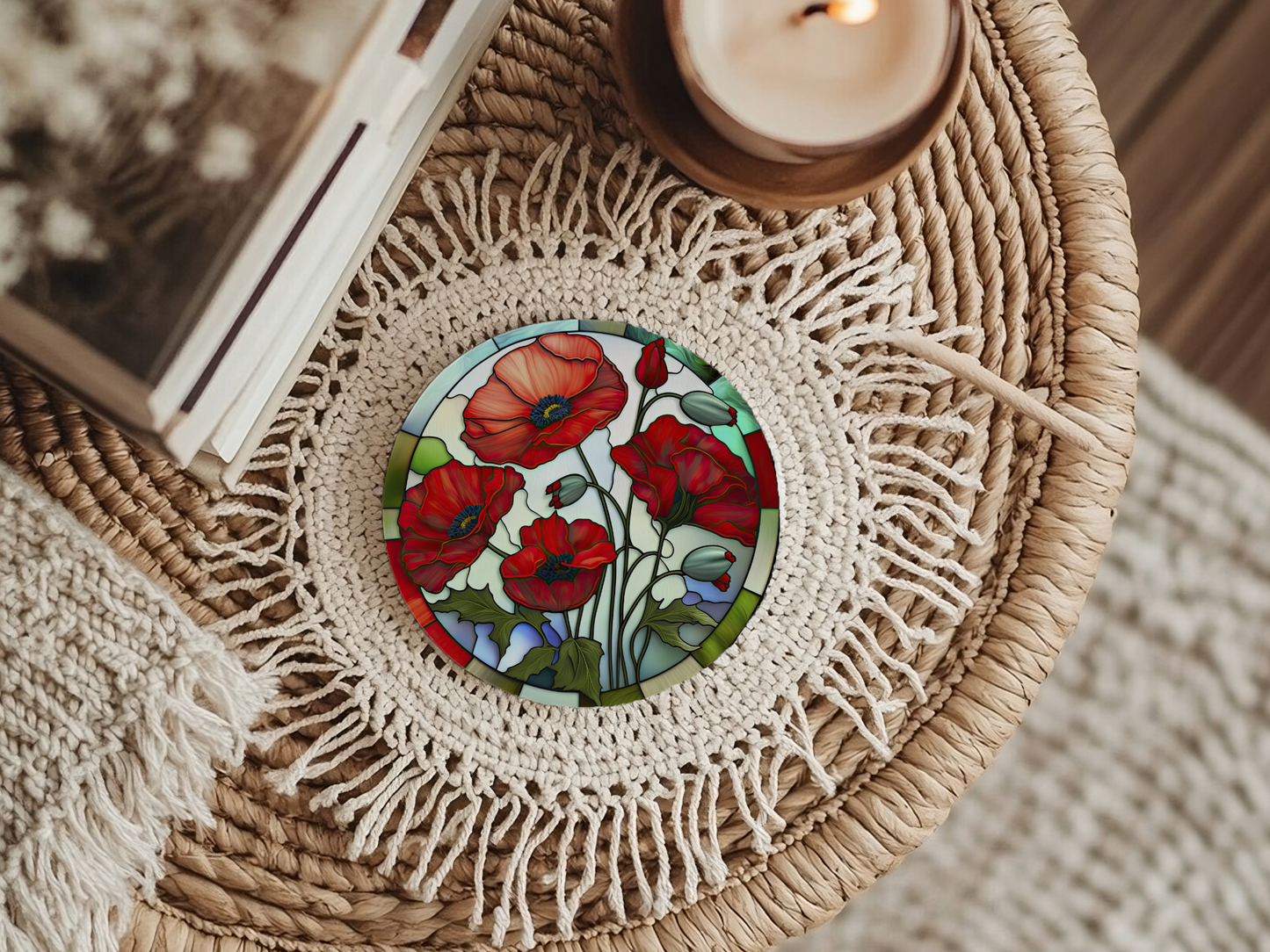 Poppy Coaster, Garden Lover Gift, Floral Nature Home Decor: 3.6 Inch Glossy