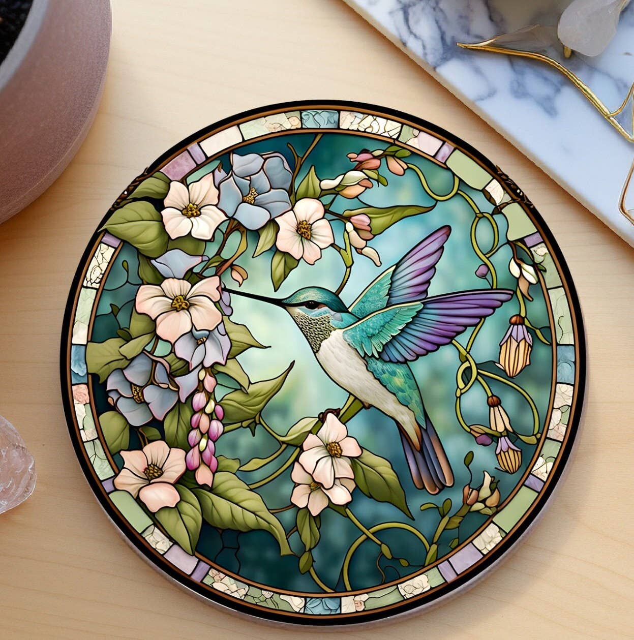 Hummingbird Faux Stained Glass Ceramic Coaster Eco-Friendly: 3.6 Inch Glossy