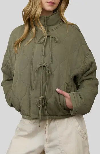 Washed Quilted Front Tie Puffer Jacket
