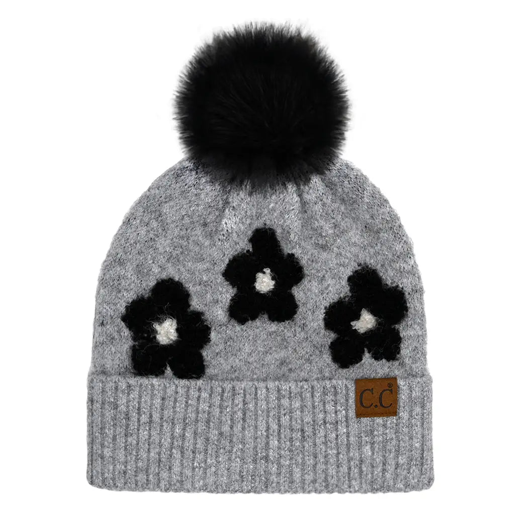 Daisy Patterned Cuff Beanie with Pom Pom