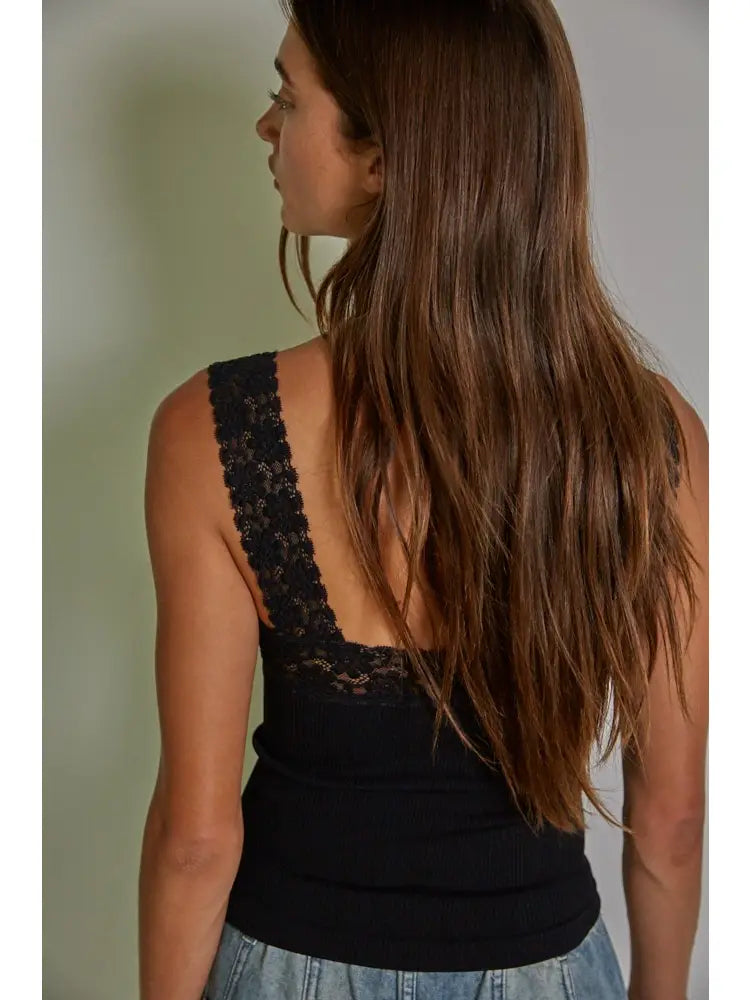Lucy Knit Seamless Ribbed Tank Top with Lace Trim