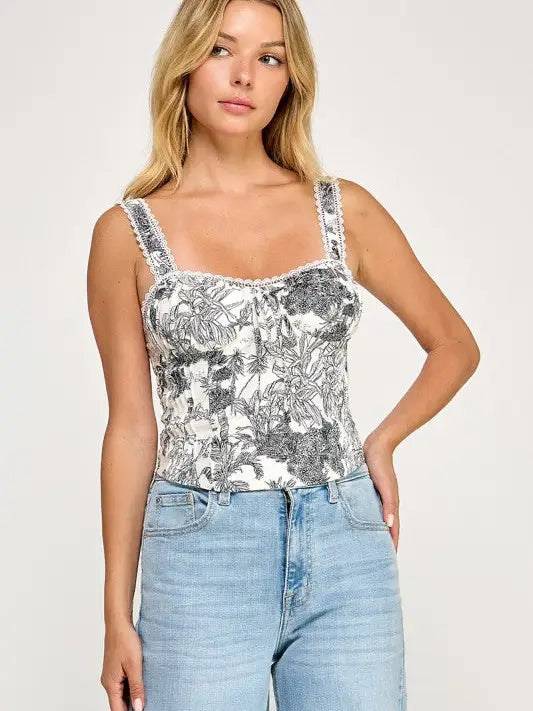 Lace Trim Floral Corset Top (T5304-2)