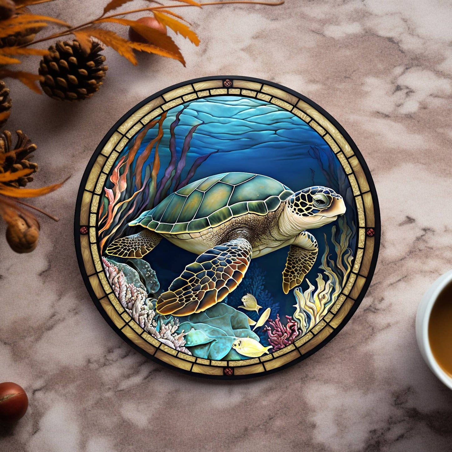 Sea Turtle Ceramic Coaster with Stained Glass Design: 3.6 Inch Glossy