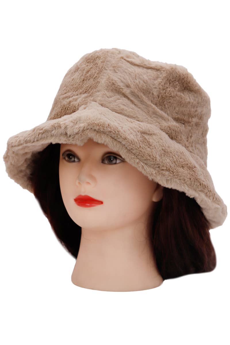 Solid Faux Fur Bucket Hat - Diamond Quilted Fabric