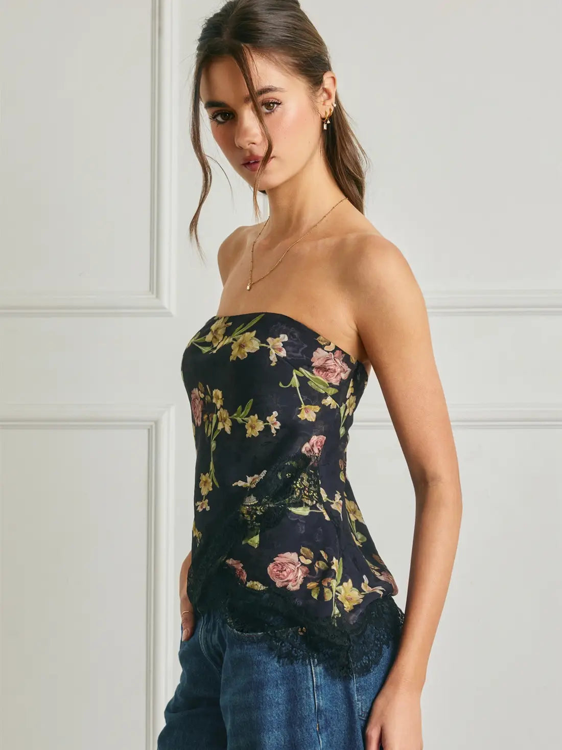 Floral Asymmetrical Lace Hem Tube Top