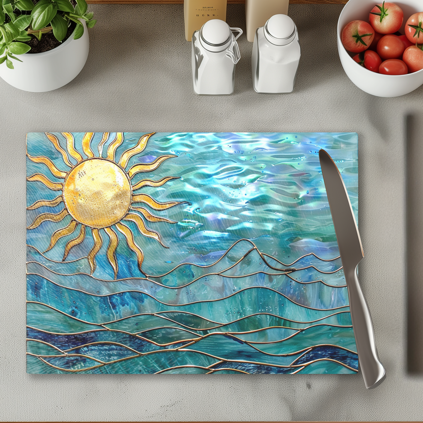 Tempered Glass Cutting Board: Ocean Sun Charcuterie Tray: 8x11 Inches