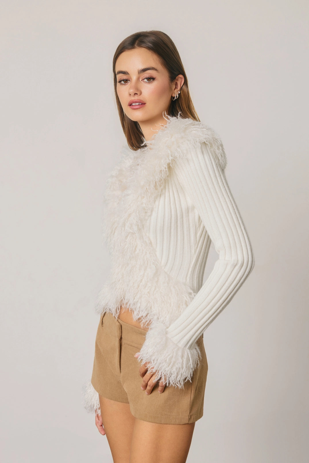 Faux Fur Trim Zip Up Knit Cardigan