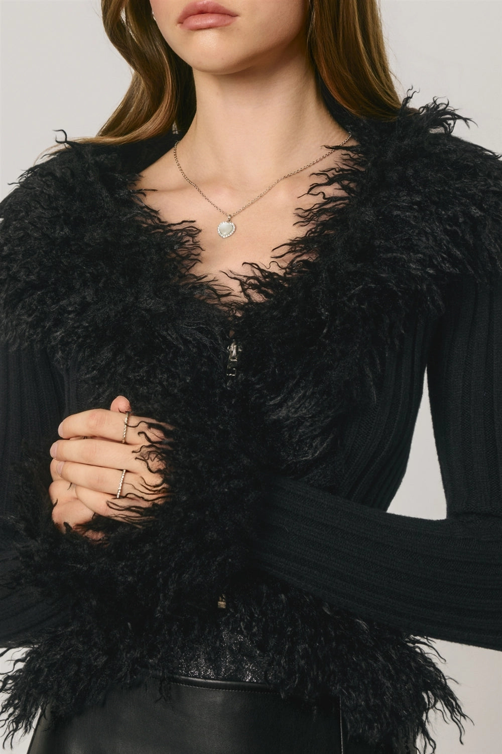Faux Fur Trim Zip Up Knit Cardigan