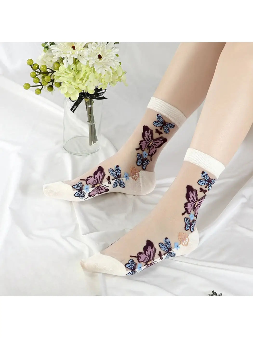 Rufia - Sheer Butterfly Embroidery Crew Socks