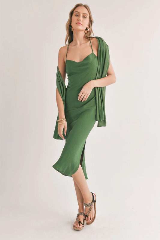 Mirage Cowl Neck Midi Dress With Shawl