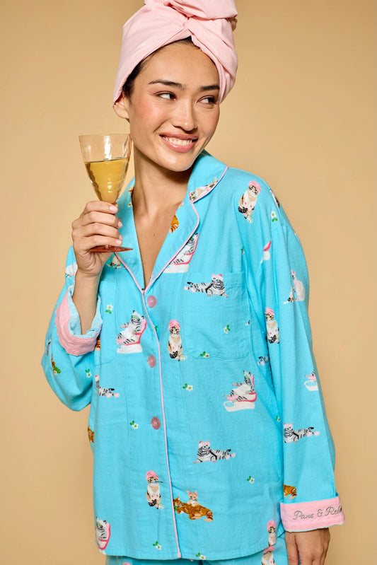 Pampered Cat Print 3-Piece Long Sleeve Flannel PJ Set