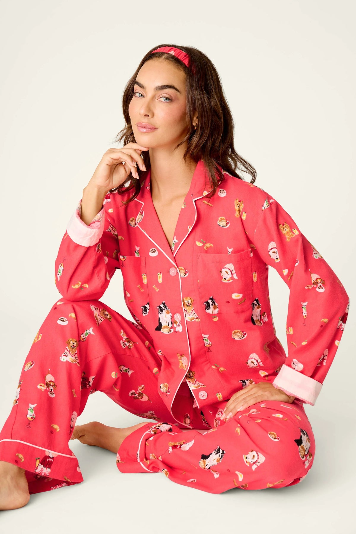 Dogs Who Brunch Print 3-Piece Long Sleeve Flannel PJ Set