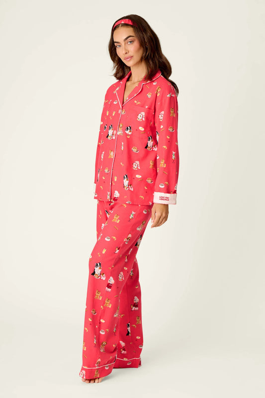 Dogs Who Brunch Print 3-Piece Long Sleeve Flannel PJ Set