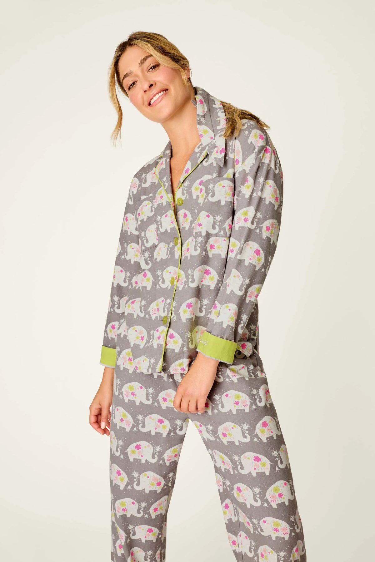 Blooms on Parade Elephant Print 3-Piece Flannel PJ Set