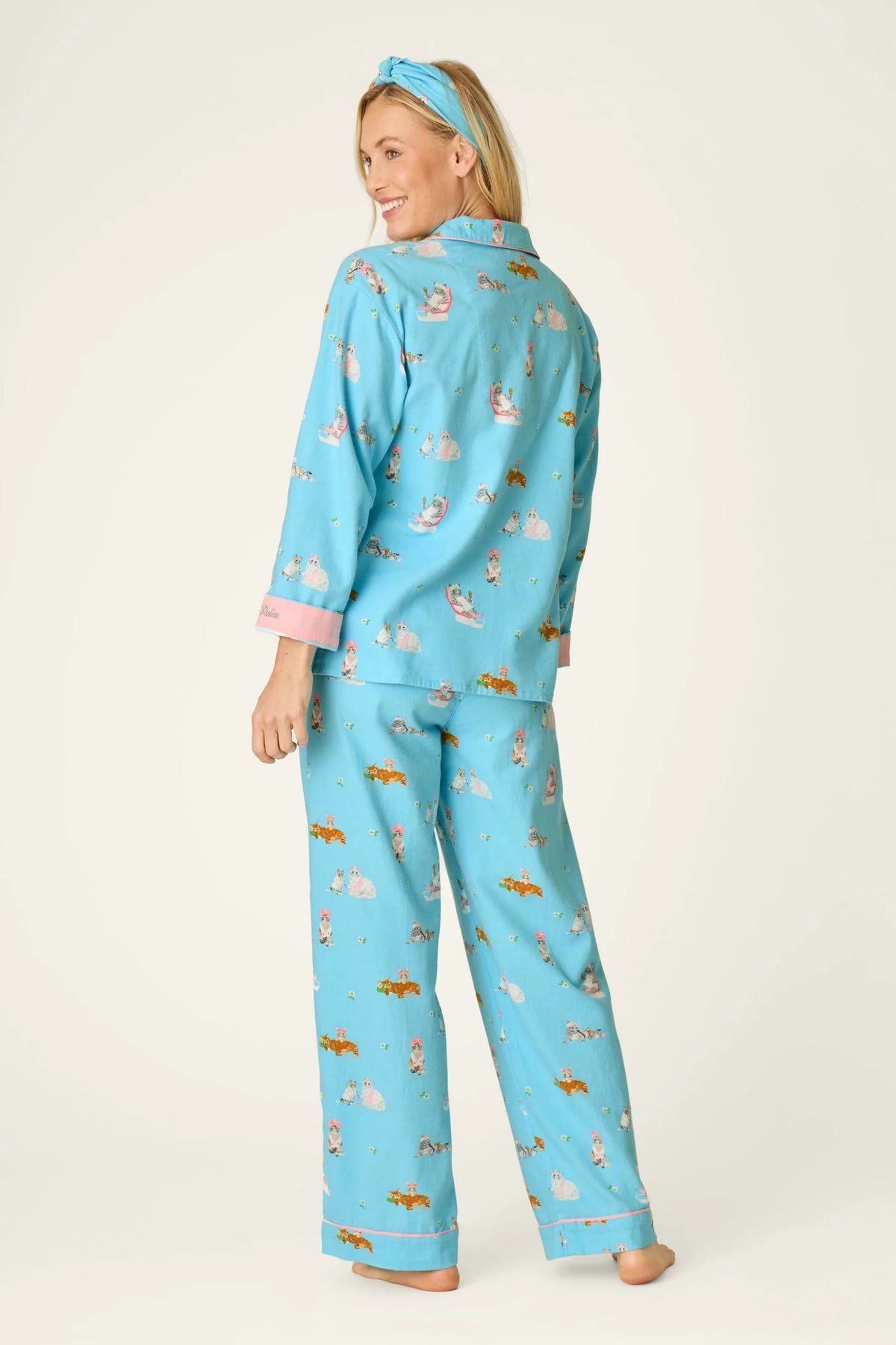 Pampered Cat Print 3-Piece Long Sleeve Flannel PJ Set