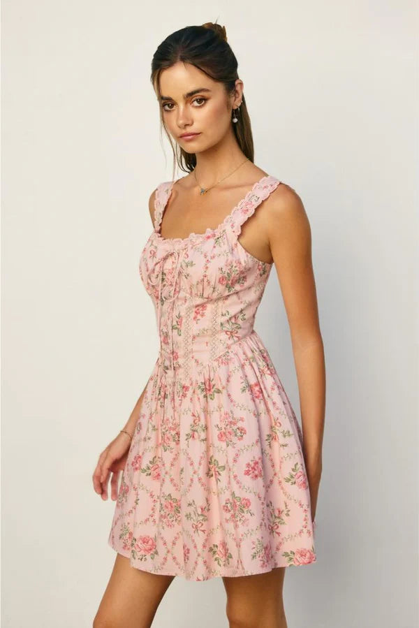 Cottage Charm Lace Trim Bustier Mini Dress