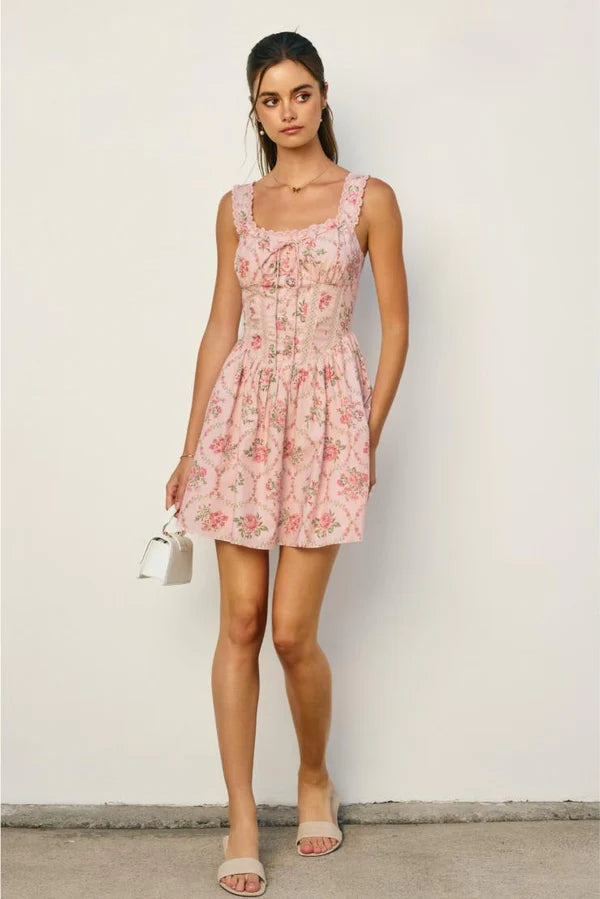 Cottage Charm Lace Trim Bustier Mini Dress