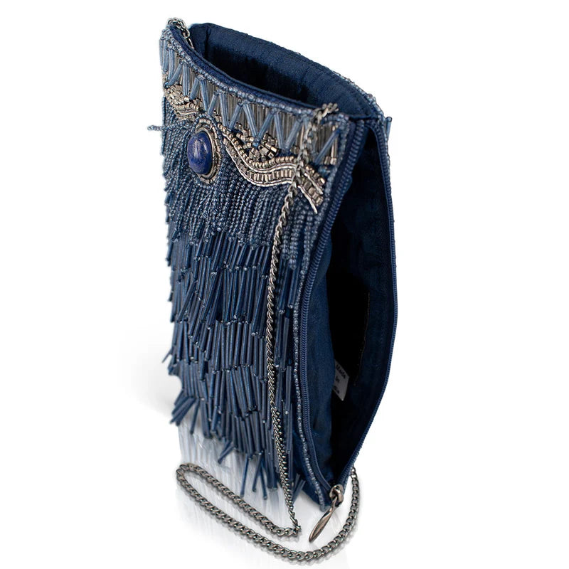 True Blue Precious Stone with Fringe Beaded Crossbody Handbag