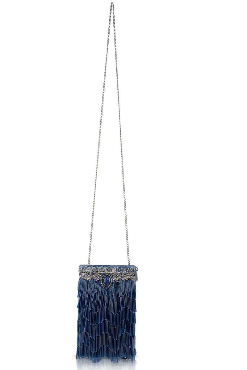 True Blue Precious Stone with Fringe Beaded Crossbody Handbag