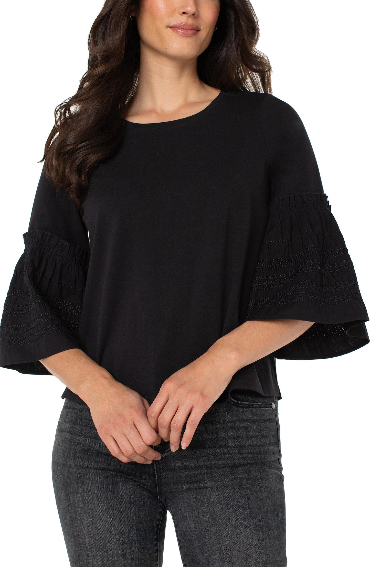 3/4 Sleeve Embroidered Knit To Woven Top