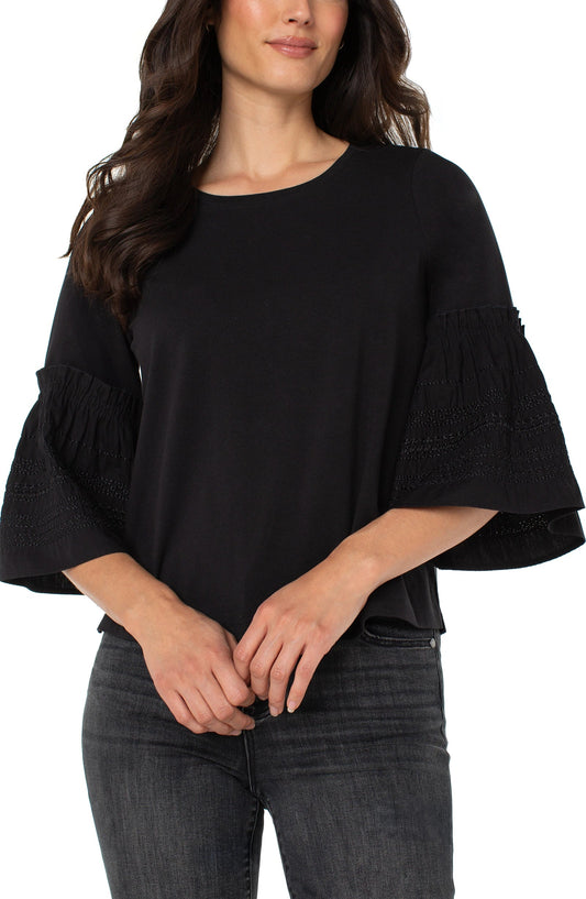 3/4 Sleeve Embroidered Knit To Woven Top